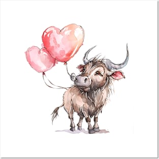 Valentine Wildebeest Holding Heart Shaped Balloons Posters and Art